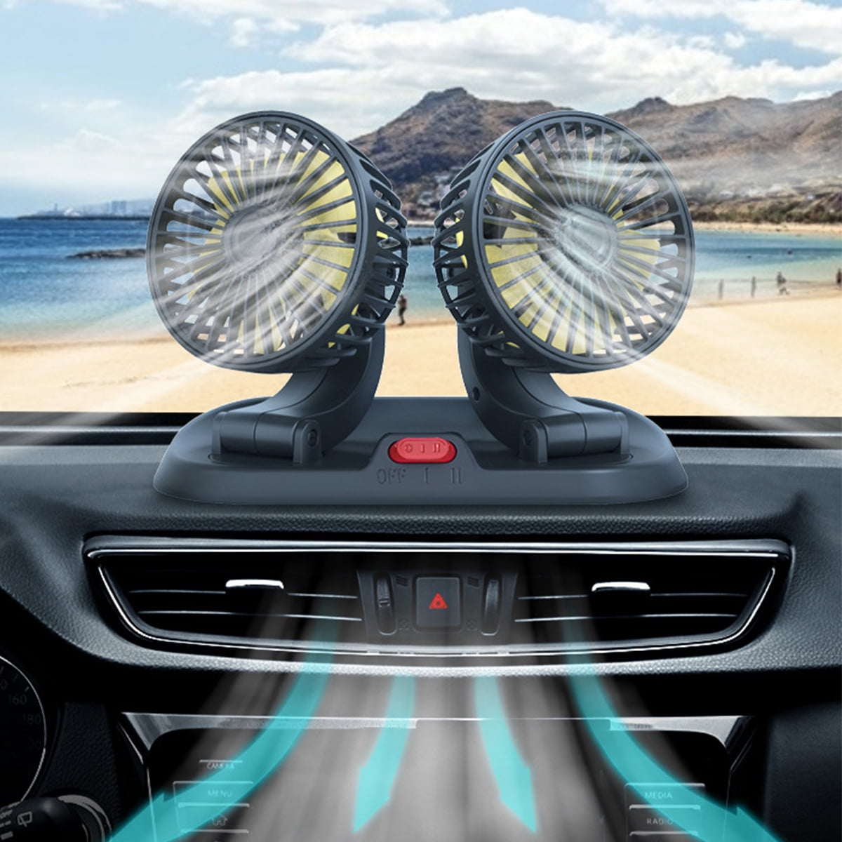 Electric Car Fan Dual Head Automobile Fans 2 Speed Adjustable Car Cooling Fan 360° Rotatable Car