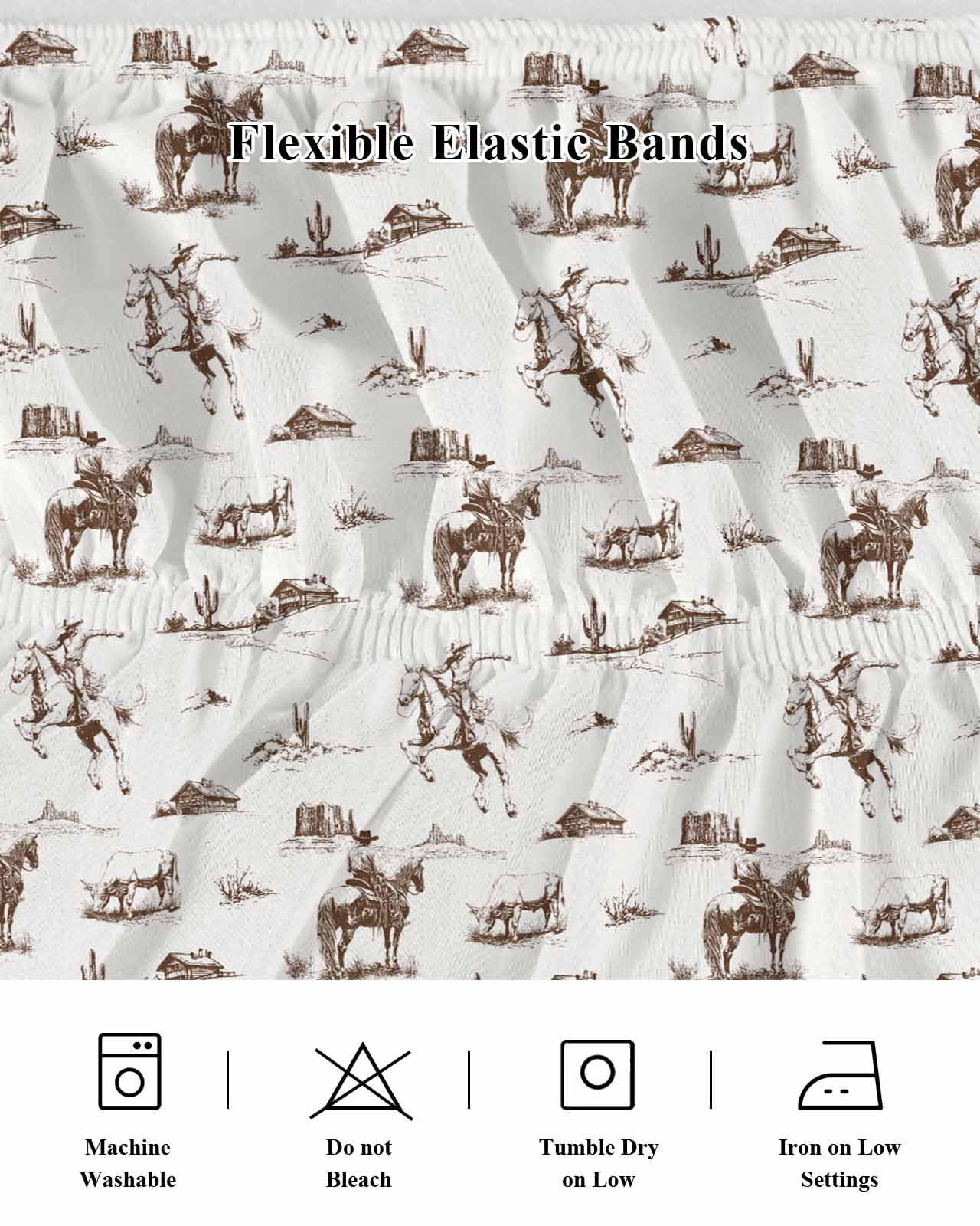 Western Cowboy Wrap Around Bed Skirts for Queen Bed 16" Drop,Bed Skirt with Adjustable Elastic Belt Dust Ruffle Bed Valance for Bedroom Hotel Retro Desert Cactus Country Cowboy Brown Bed Frame Cover