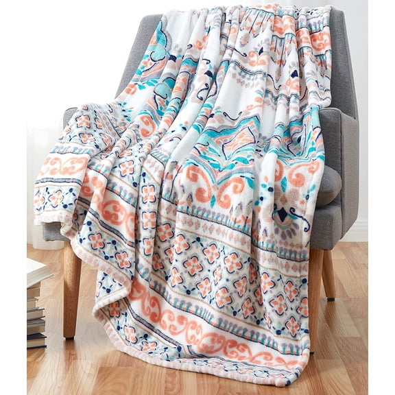 Serafina Home Abstract Boho Throw Blankets: Soft Plush Eclectic Stripe Accent for Sofa Couch Chair Bed or Dorm, Aqua Coral Gray Indigo White (Malik)