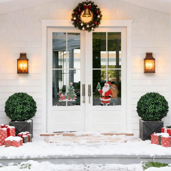 Set of 2 Christmas Outdoor Artificial Topiary Trees, 24.5'' Tall Fake Xmas Ball Tree Decoration, Faux Boxwood Plants with Spike for Indoor, Porch Entrance Pathway Topiaries,Planter,Front Door Decor