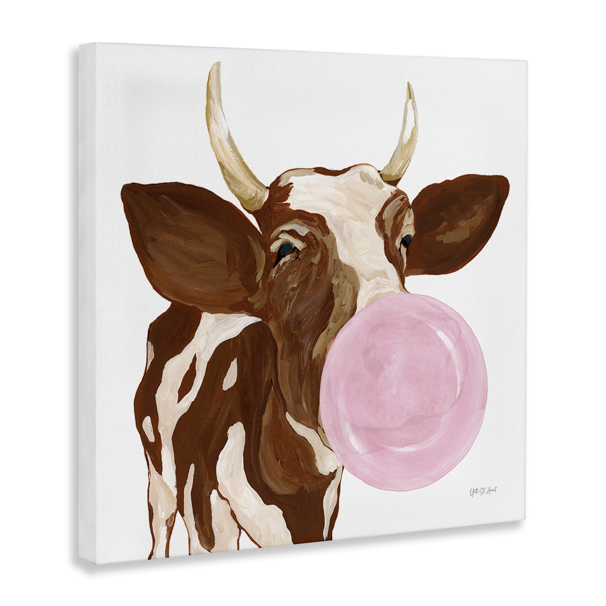 Stupell Industries Happy Bubblegum Cow Animals Painting Wrapped Canvas Art Print Wall Art, 30 x 30