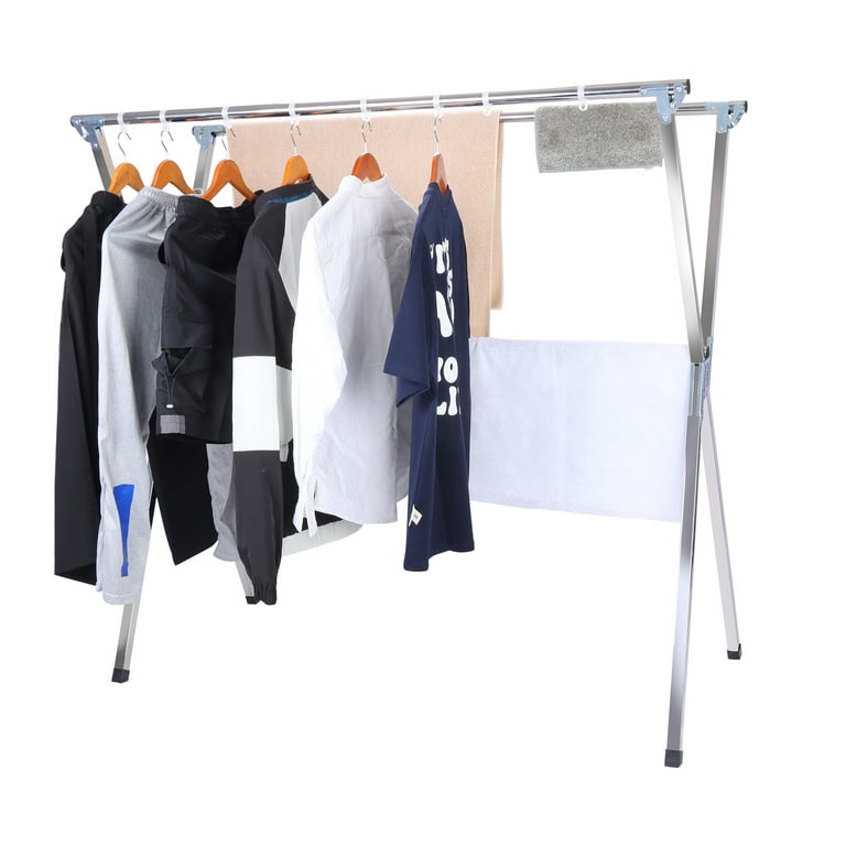Stainless Steel Clothes Drying Rack - Laundry Stand with 20 Windproof Hooks  - Retractable Indoor Outdoor Folding Laundry Rack - Ultimate Clothing Dry