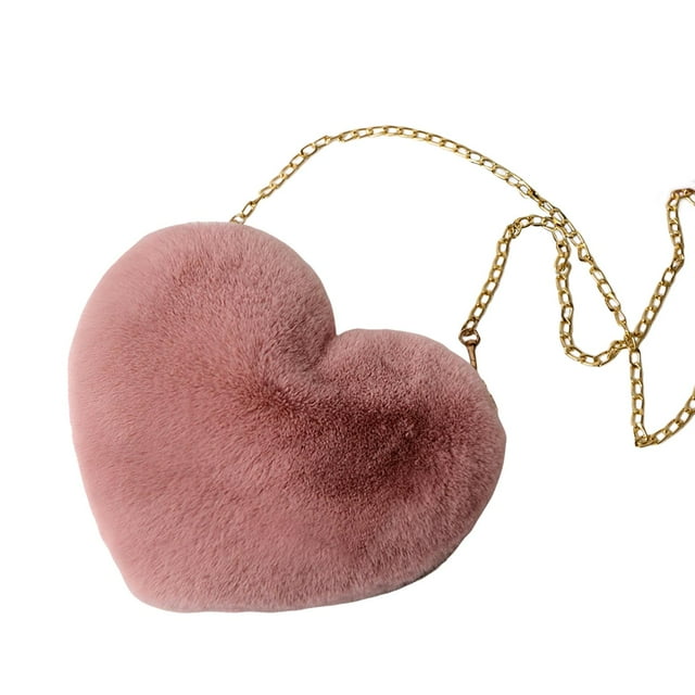 Bolso bandolera elegante para mujer con cadena en forma de corazón, bolso de mano de felpa Rosa