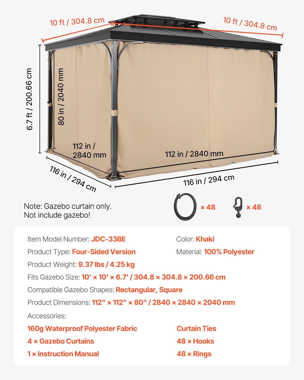 VEVOR Gazebo Curtains Outdoor, Fit Most 10' x 10' x 6.7' Gazebos, with Zippers, Outdoor Curtain Replacement for Patio Canopy, Only Curtain, Khaki