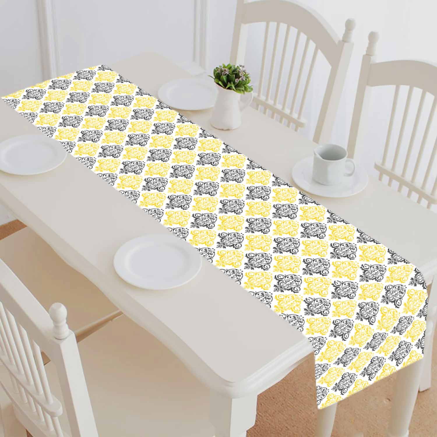 PKQWTM Yellow Gray White Damask Flower Cotton and Linen Table Runner ...