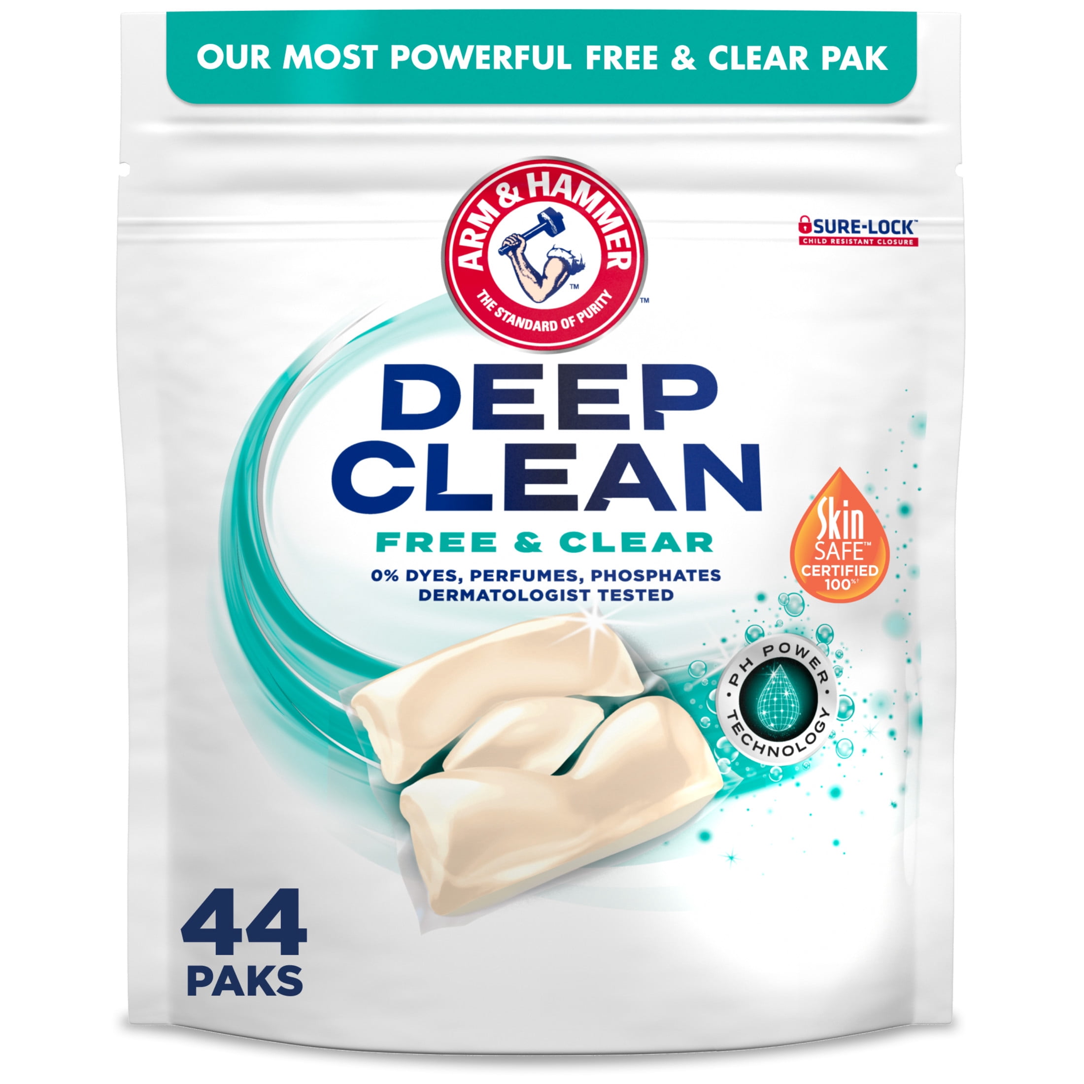 (4 pack) ARM & HAMMER Deep Clean Free & Clear Power Paks Concentrated Laundry Detergent, 44 Count