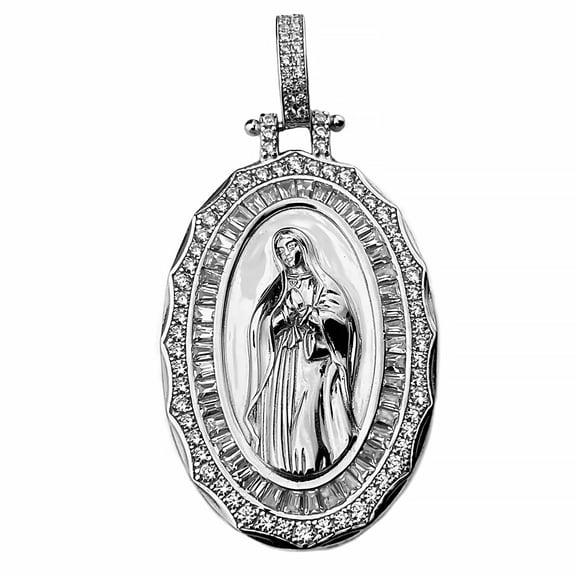 Real Solid 925 Sterling Silver Holy Mary La Virgen de Guadalupe Medalla Oval Pendant Charm Medium 2" Inch