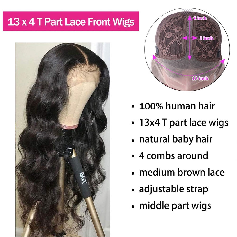 Body Wave Lace Front Wigs Human Hair 13x4x1 T-Part Lace Front Wigs 10A Brazilian Virgin Human Hair Transparent Lace Front Wigs for Black Women 150% Density Human Hair Wigs Natural Black