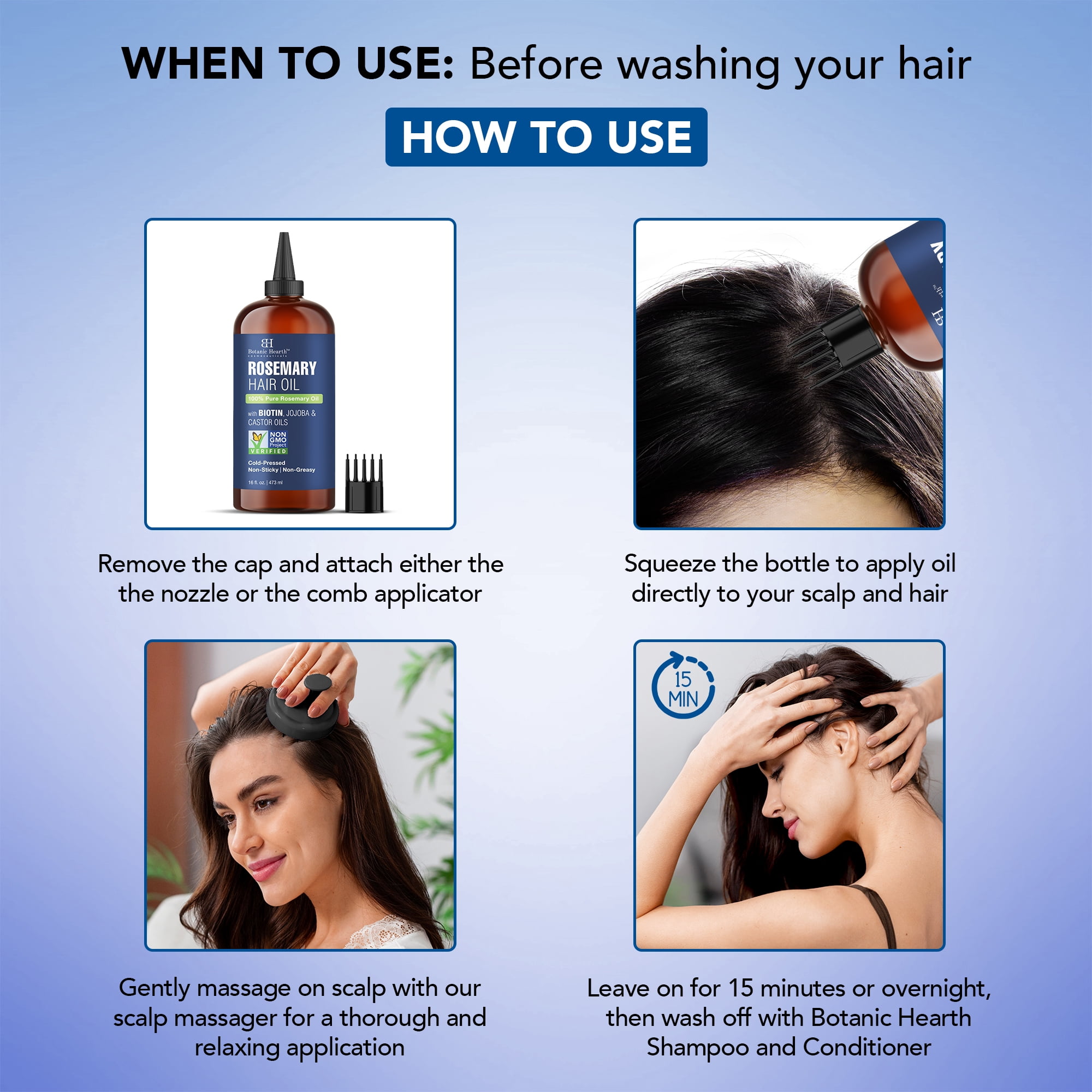 Botanic Hearth Rosemary 16 fl oz HAIR OIL (Carrier oil PET bottle packging + Ambered colour + inner plug + nozzle + combo applicator + With Scalp Massager +Shrink Sleeve without monocarton