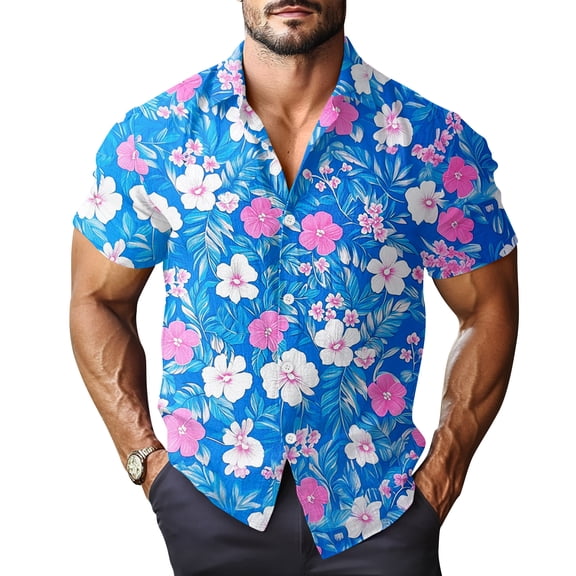Fgvctg Hawaiian Mens Button Down Shirt Casual Short Sleeve Button Down Shirt Summer Beach Shirts Trendy Tropical Printed Tops Plus Size Vacation Outfit Blue S