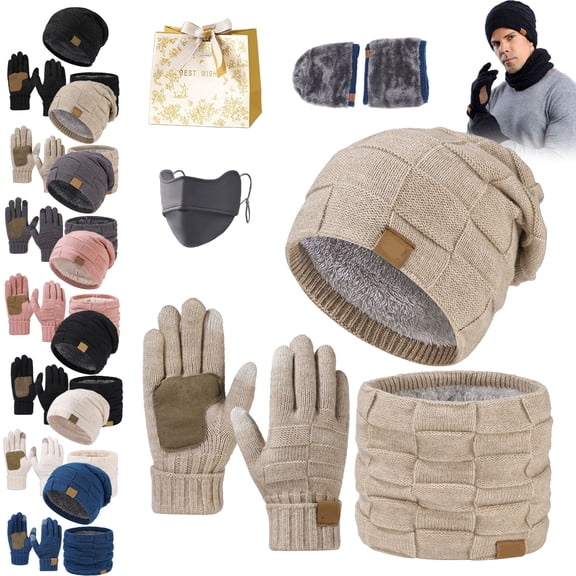 Ardenknit Winter Set,3Pieces Winter Warm Hat Scarf Glove Set for Women Men,Windproof Warm Elasticity Knit Fleece Lined Beanie (Beige)