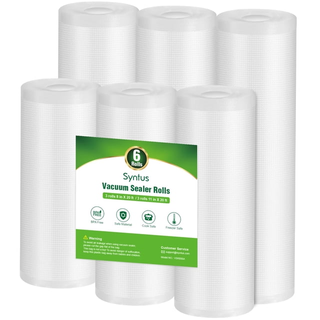 Paquete de 6 bolsas selladoras al vacío Syntus, 3 rollos de 28 x 600 cm, 3 rollos de 20 x 600 cm