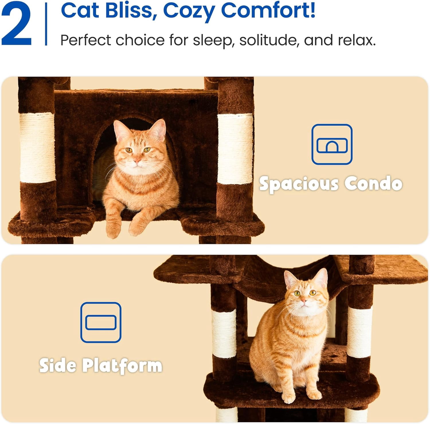 WSWJY Large Cat Tree, 67.7-Inch Tall Cat Tower for Indoor Cats with 2 Large Condos, Multi-Level Cat Stand for Large Cat with 3 Hammocks, Wide Perch, Scratching Posts, Dangling Toys, Brown