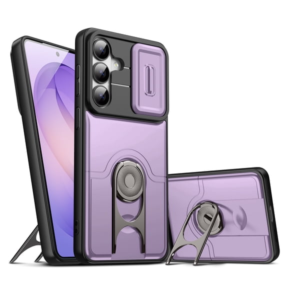 Protective Magnetic Case for Samsung Galaxy S25 / S24, Hard PC Soft TPU Cover with Sliding Camera Lens Cover and Ring Bracket Stand, Rugged Cover for Samsung Galaxy S25 / S24, Purple