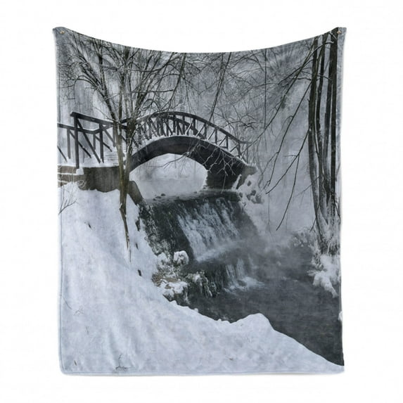 Winter Soft Flannel Fleece Blanket, Snow Season Photography Small Wooden Bridge over Very Cold River at Early Morning, Cozy Plush for Indoor and Outdoor Use, 70" x 90", White Brown, by Ambesonne