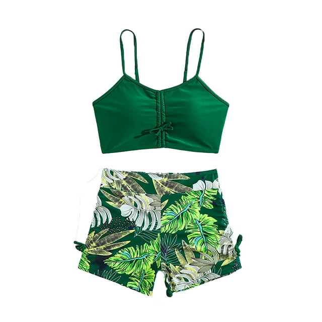 Luvoko Tween Girls Rash Guard 2 Pieces Bathing Suit, Girl Long Sleeve Dress Swimming Shorts for Girls Rash Gaurd for Girl Bathing Suits One Shoulder Ruffle Swimsuit Scale Print(Green,11-12 Years)