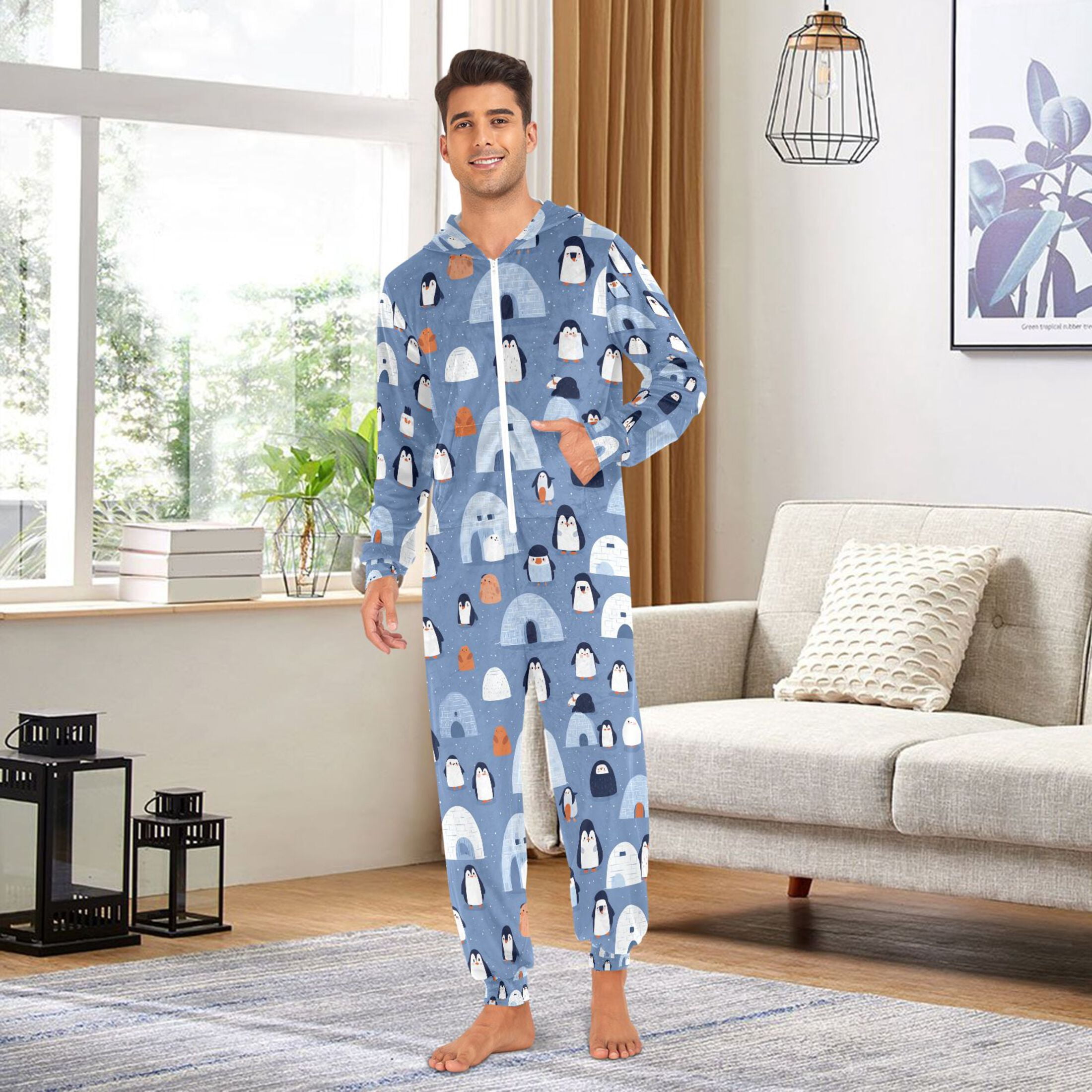 Adult Christmas Onesie Igloo Penguin Adult Zipper One-Piece Pajamas Unisex Pajamas with Pockets