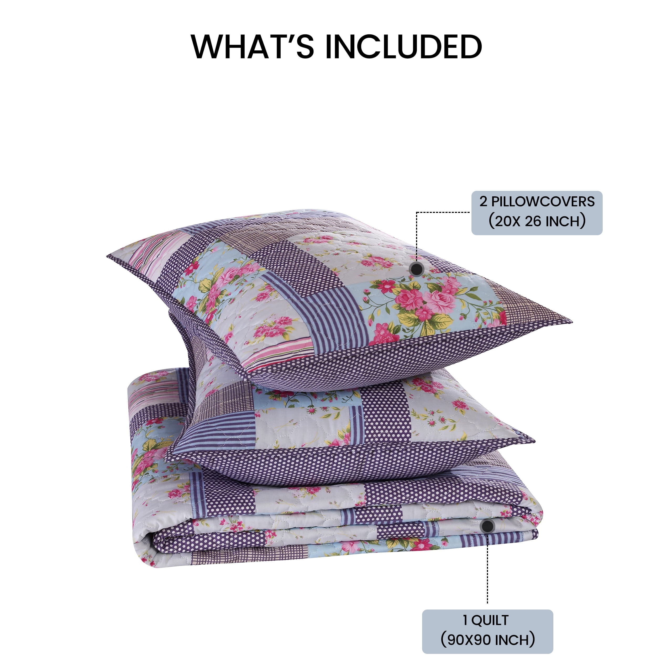 RUVANTI 100% Cotton 3 Pcs Quilt Set Queen/Full Bedspreads, Lightweight Coverlet, Soft, Warm Comforter. All Season Quilts Queen Size Set Include Quilt & 2 Pillowcovers, Reversible Pink Rose Design