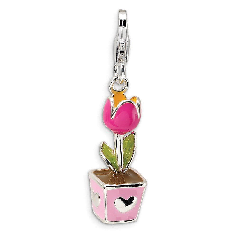 Potted Tulip Flower Charm Red Enameled .925 Sterling Silver Amore La Vita 
