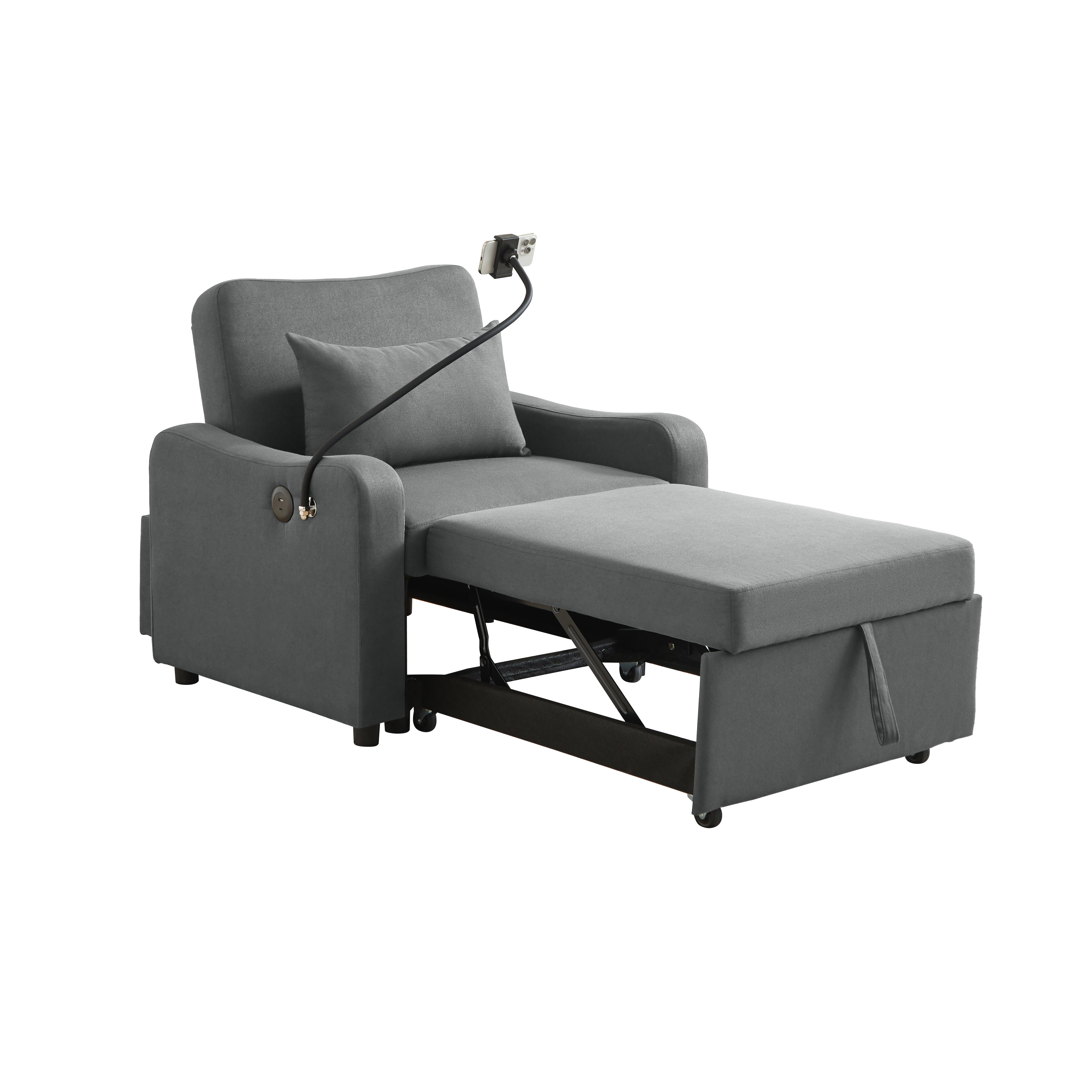 Leumius Convertible Sleeper Sofa Chair Bed,3 in 1 Linen Single Sofa with USB Port and Phone Holder,Pull Out Couch Recliner with Adjustable Backrest for Living Room, Office, Small Place,Dark Gray