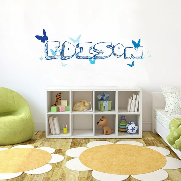 BLUE butterfly Font1 h8" Made-to-Order Baby Name Kid Room Nursery Wall Art Clear Vinyl décor Decal Sticker