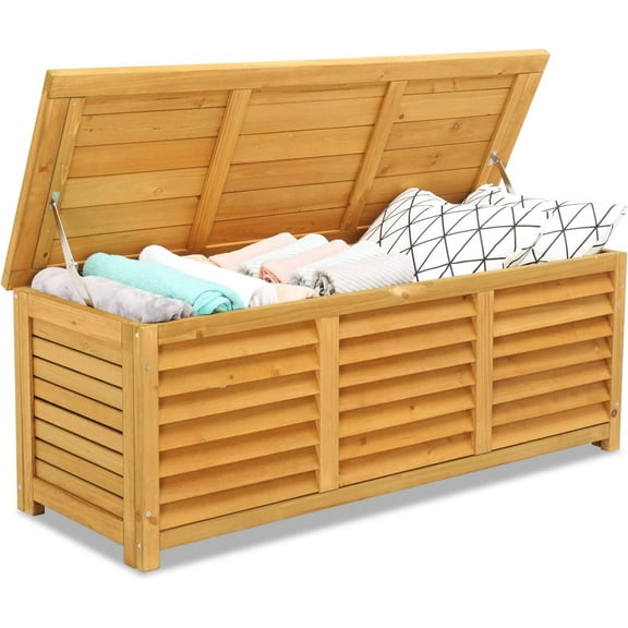 THJTDH 47 Gallon Wood Deck Box, Outdoor Storage Box for Tools, Cushions, Patio Storage Bench Container for Backyard, Porch, Garden (Natural)