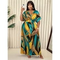 thumbnail image 2 of Blue Yellow Plus Size Women V-Neck Wrap Maxi Dress With Abstract Leaf Print Casual Elegant Summer Dress, 2 of 7