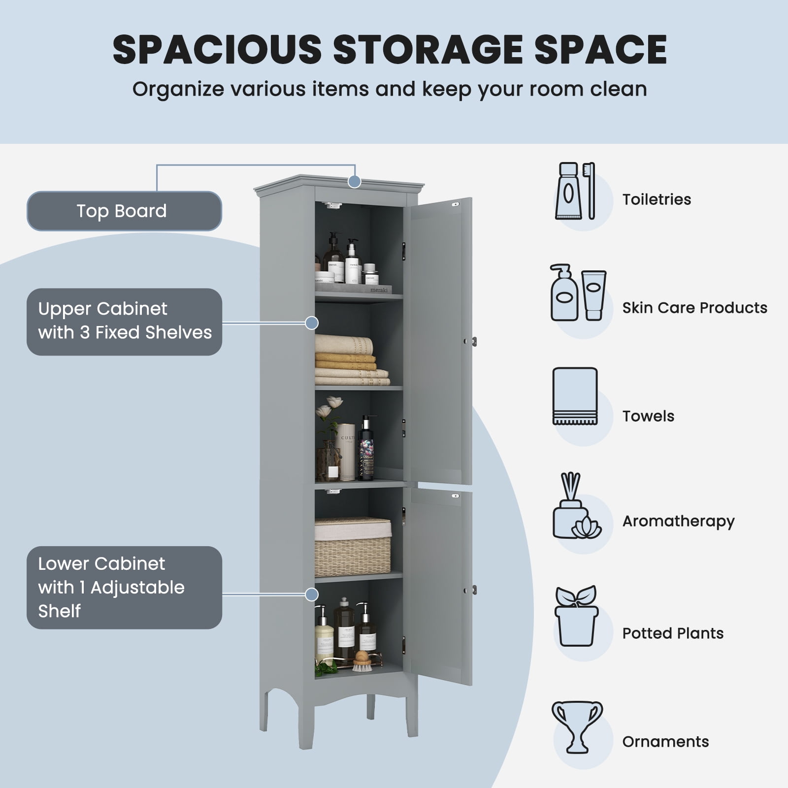 Topbuy Freestanding Bathroom Storage Cabinet Tall Narrow Storage Cabinet with 1 Adjustable Shelf 1 Drawer and 2 Doors Gray