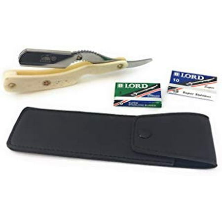 10 Blade Manual (GBS Classic Straight Edge Razor Barber Shavette Professional Quality - Gold Accents with Leather Case + 10 Blades Men's Manual Shaver Excellent Locking Safety Mechanism (Ivory)