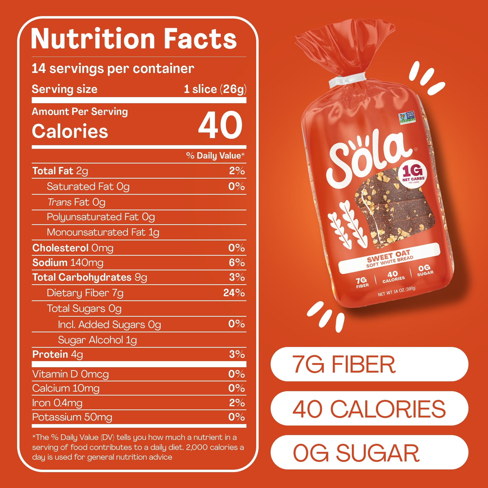 Sola Sweet Oat Sliced Bread, Soft White Bread, Non-GMO, 14 oz (Pack of 2)