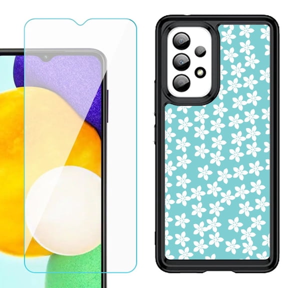 Shockproof Bumper (Black Frame) phone Case for Samsung Galaxy A23 5G, with Tempered Glass Screen Protector, by OneToughShield ® - Flower/Teal