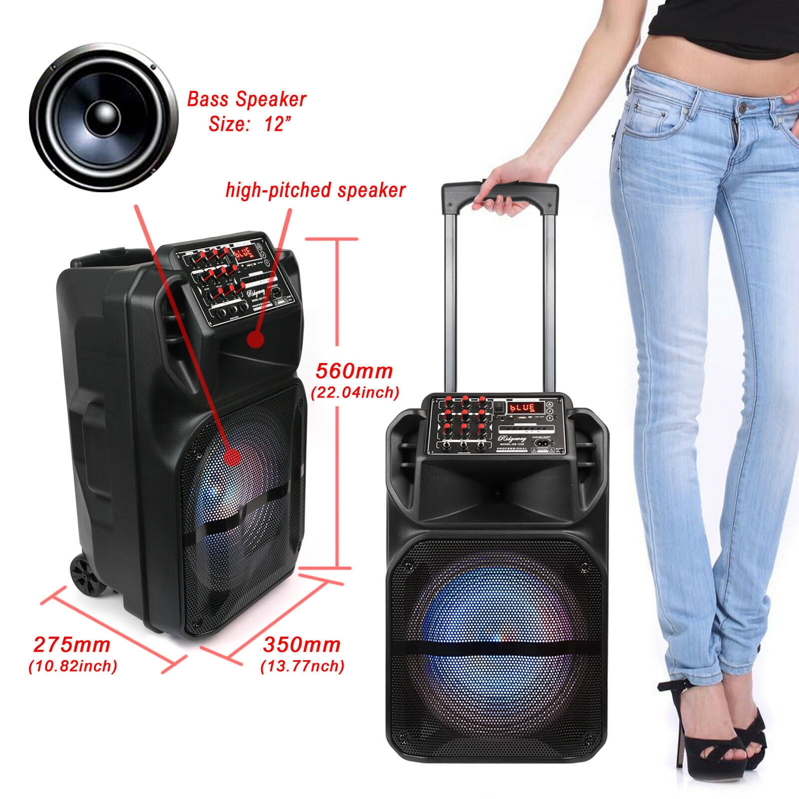 Dazone 12" Portable Bluetooth Party Speaker Heavy Bass Sound System FM AUX w/Microphone & Remote