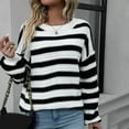 thumbnail image 4 of zaveiop Women's Striped Long Sleeved Knitted Sweater, Striped Round Neck Pullover Sweater, Casual Commuting top (Z-White, S), 4 of 9