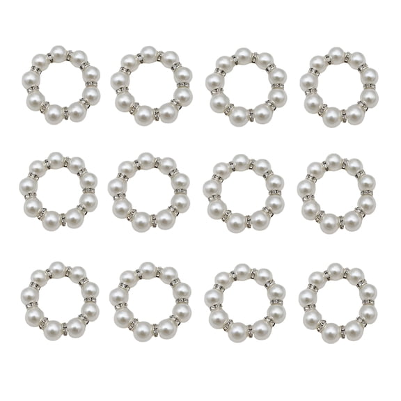 ACDANC Napkin Rings Set of 12 Pearls Round Flower Silver Rhinestone Napkin Holders for Wedding Banquet Home Party Decoration Dining Table Linen Accessory (12 Pcs)