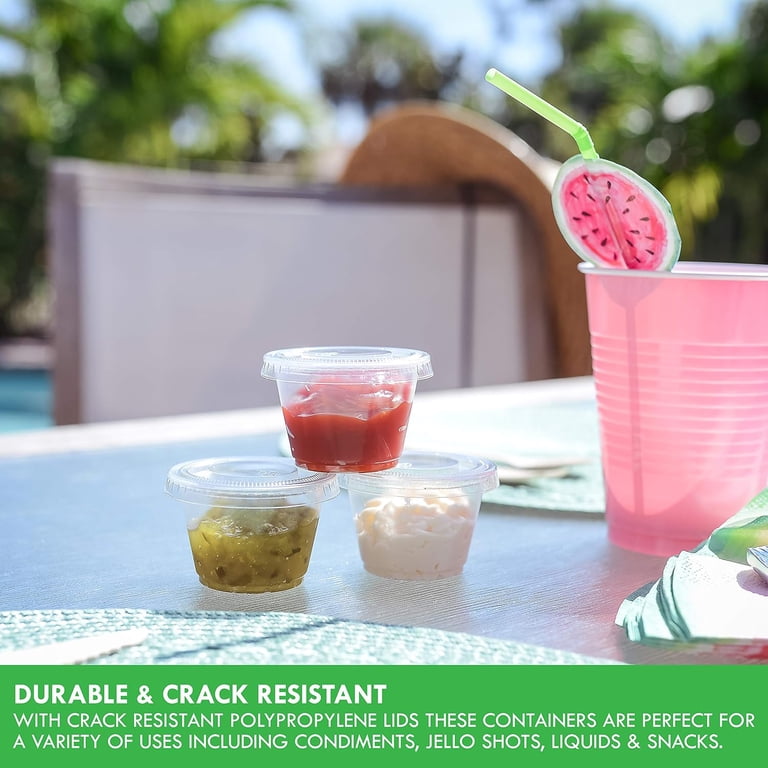[100 Sets] 1.5 oz Small Plastic Containers with Lids, Jello Shot Cups with Lids, Disposable Portion Cups, Condiment Containers with Lids, Souffle Cups