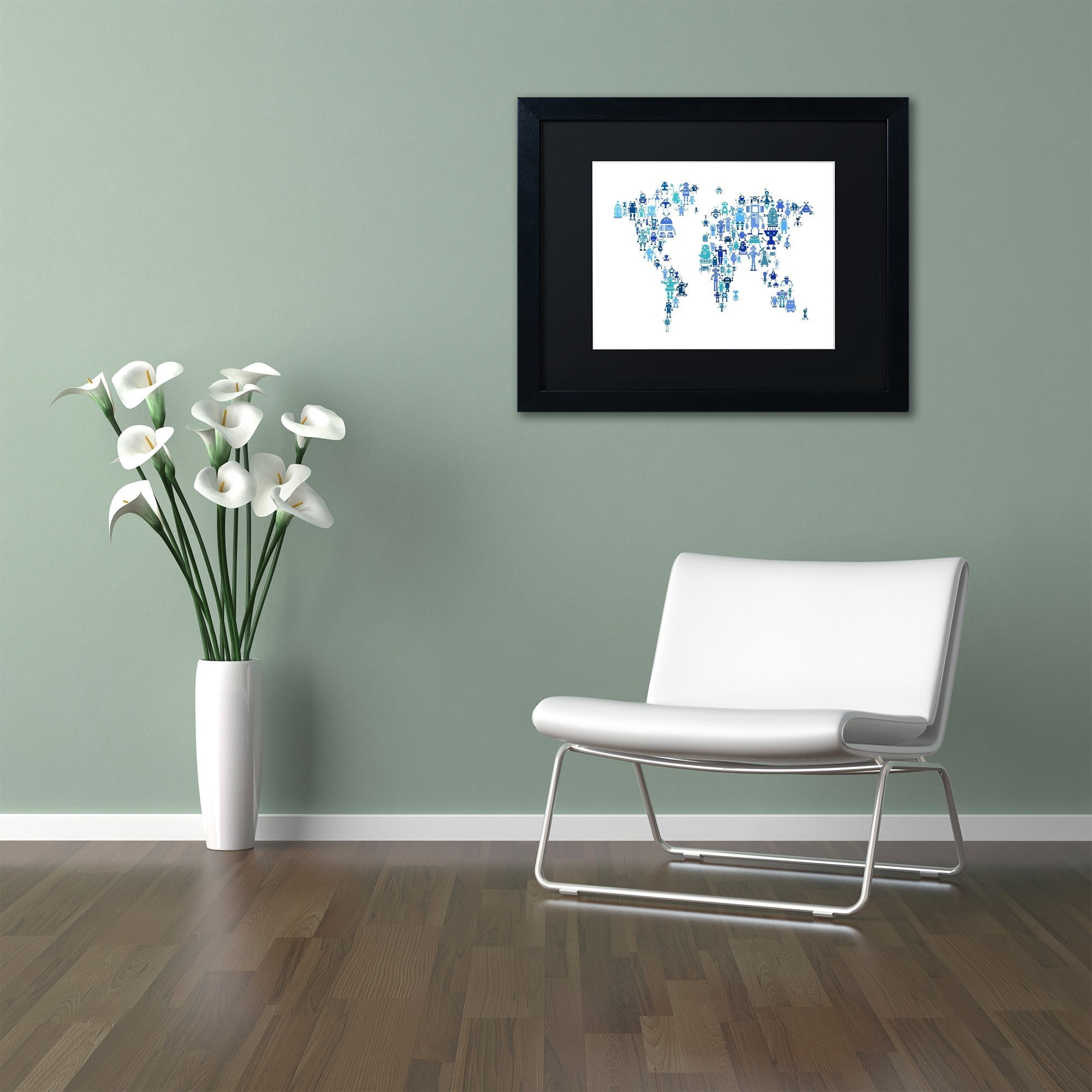 Trademark Fine Art "Robot Map of the World Blue" Canvas Art by Michael Tompsett, Black Matte, Black Frame