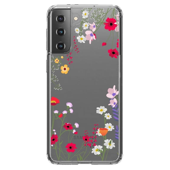 DistinctInk Clear Shockproof Hybrid Case for Galaxy S21  PLUS 5G (6.7" Screen) - TPU Bumper Acrylic Back Tempered Glass Screen Protector - Wildflowers Border Blue Pink Purple