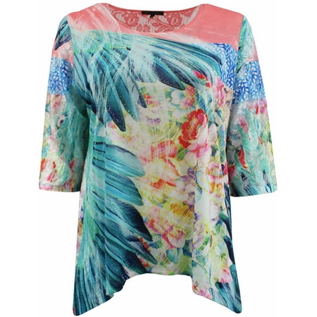 Womens Plus Size Colorful Design Lace Sleeves Flowy Blouse Tee Shirt Top Multi Green 1X (17016)