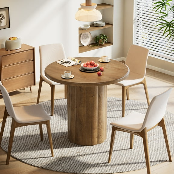Finmind 31.5-inch Round Dining Table for 2-4 People, Small Farmhouse Kitchen Table with Sturdy Base, Brown