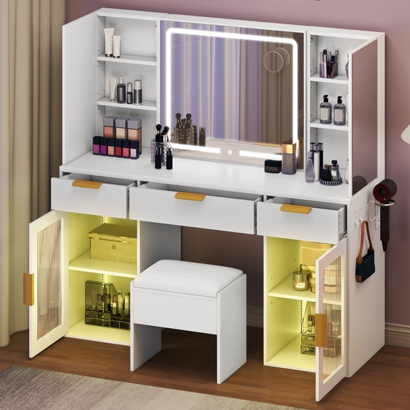 Uforic Vanity Desk Set with Tri-Fold Mirror & Power Outlet, White Makeup Vanity Table with 3 Drawers