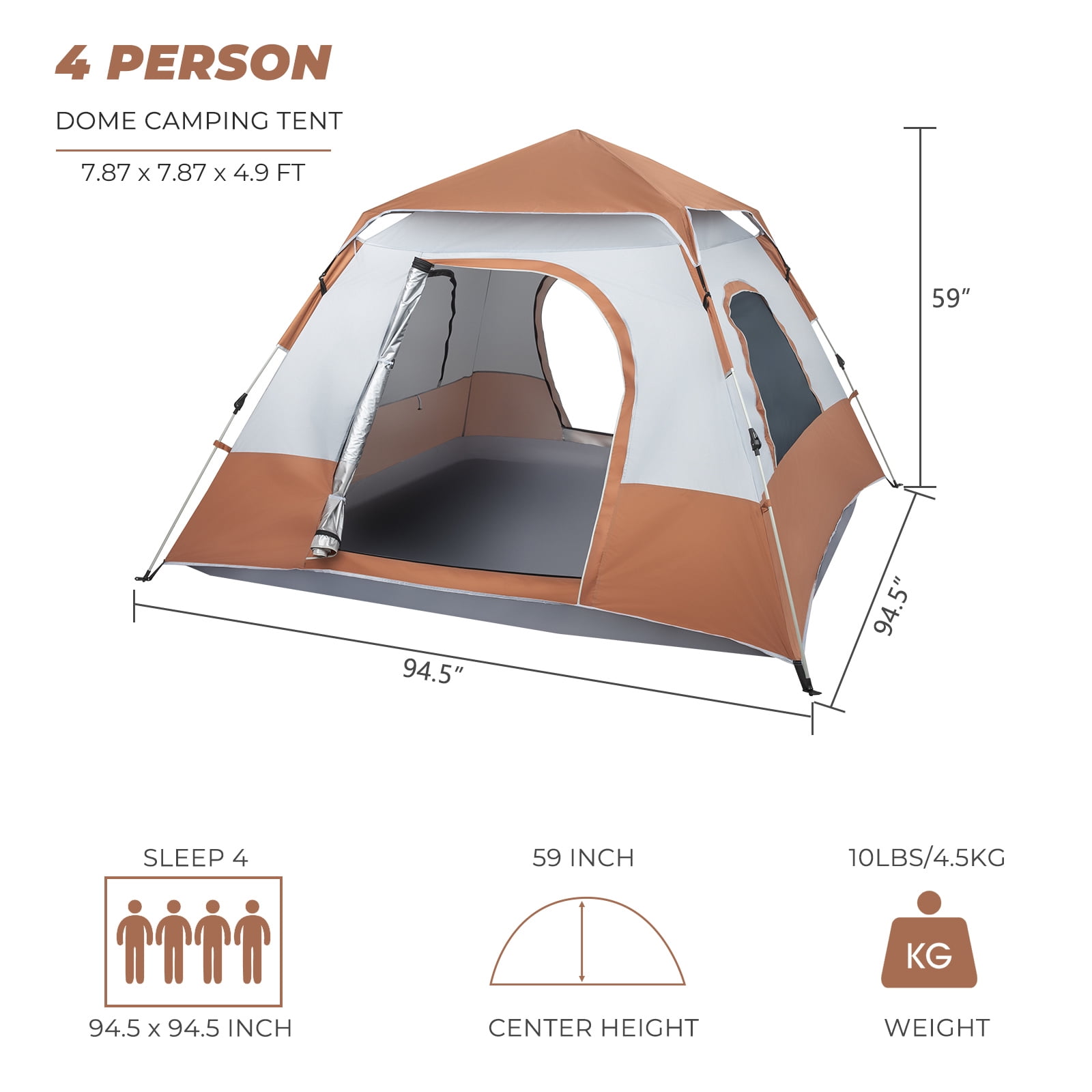 UWR-Nite Pop Up Camping Tent - 4 Person Instant Easy Set Up Family Tent with Removable Rain Fly, Waterproof Windproof Automatic Tent for Outdoor Camping Hiking Backpacking Traveling