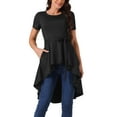 thumbnail image 1 of INSPIRAR CHIC Blusas de Mujer de Manga Corta con Dobladillo Alto y Bajo, Cuello Redondo, Cintura con Corbata, Dobladillo Asimétrico Irregular, Color Negro, 1 of 5