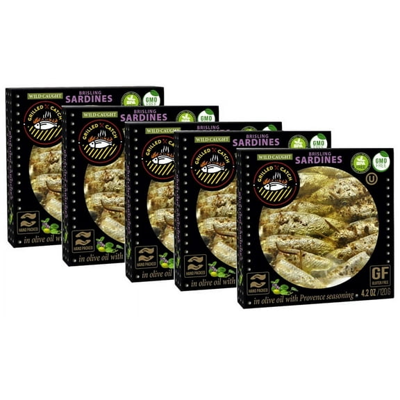 Grilled Catch Wild Caught Brisling Sardines in olive oil with Provence Seasoning, 4.2 Ounce (Pack of 5)