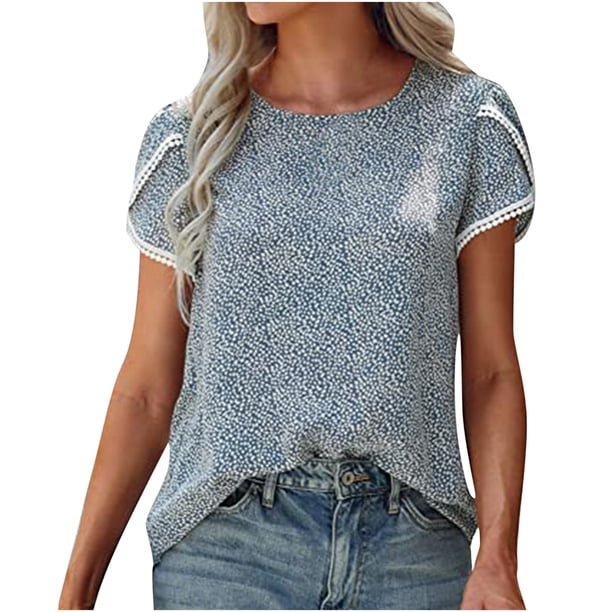 Moda Mujer Casual Encaje Pétalo Manga Corta Cuello Redondo Impreso Tops Blusa Pompotops hkajfhjk466247