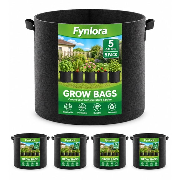 Fyniora 5-Pack 5 Gallon Grow Bags, Thickened Nonwoven Fabric Plant Pots with Handles for Gardening, Heavy Duty Growing Bags for Plants and Vegetables, Black