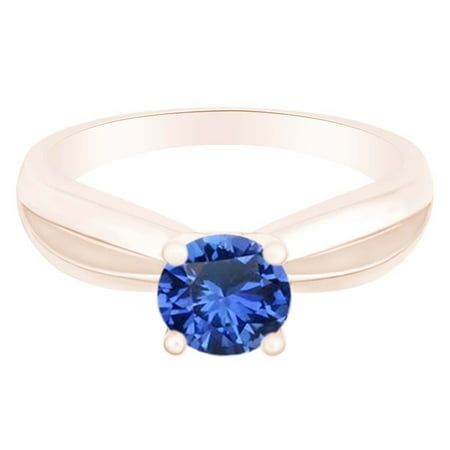 Blue Sapphire Brilliant Cut Ring Round Cut Simulated Blue Sapphire 14k Rose Gold Over Sterling Silver Solitaire Ring 0.5 Cttw-5 ()