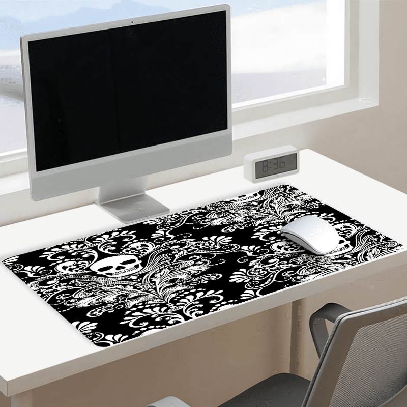 Skull Damask Pattern Mouse Pad 35.4 x 15.8 Inches Black and White Gothic Design for Desk Use