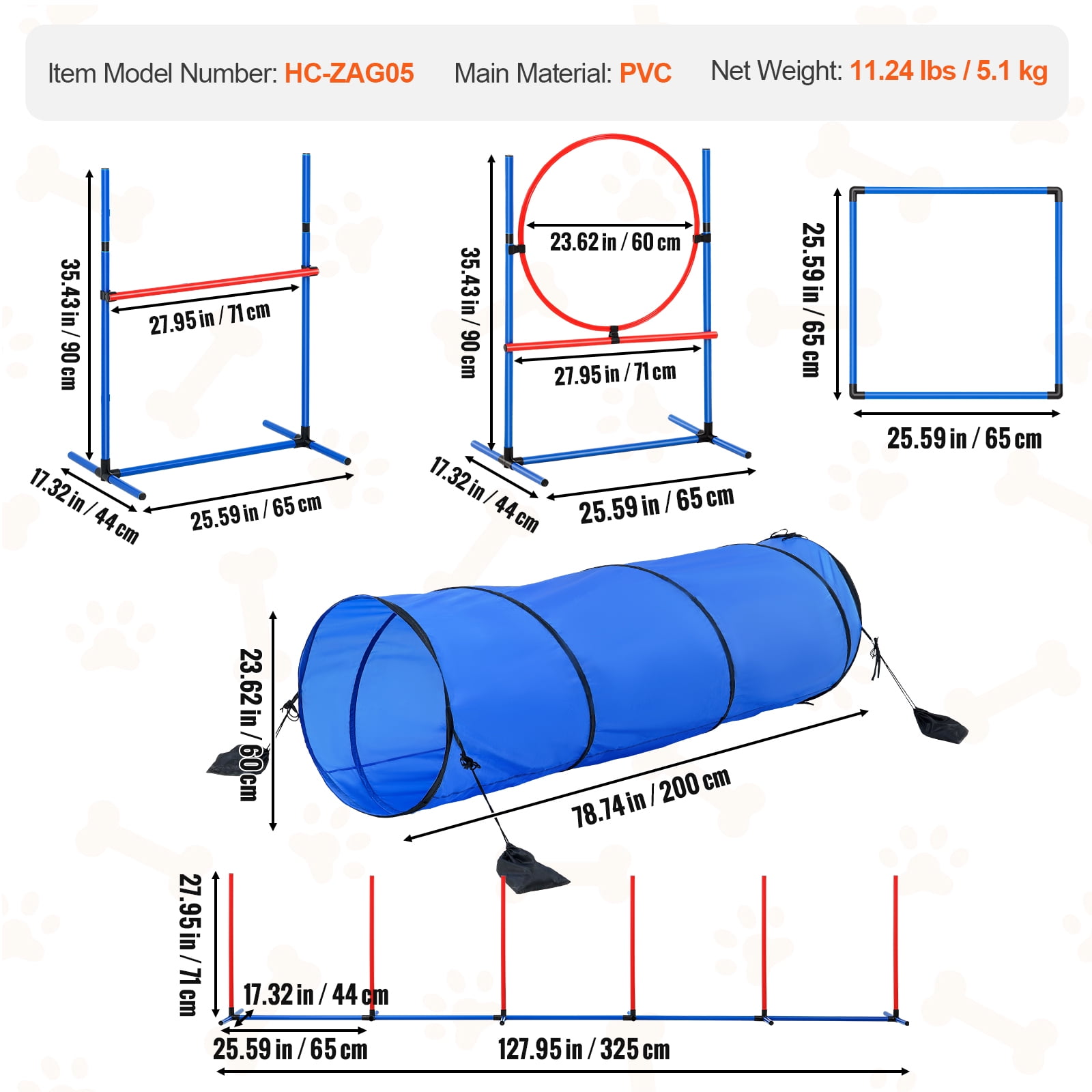 KFFKFF Canine Agility Prep Kit, Includes 5 Items: Variable Height Barriers, 6 Slalom Poles, Play Tunnel, Hoop Jump, Resting Square, Whistle, Collapsible Dish, & Carrying Cases for Easy Storage