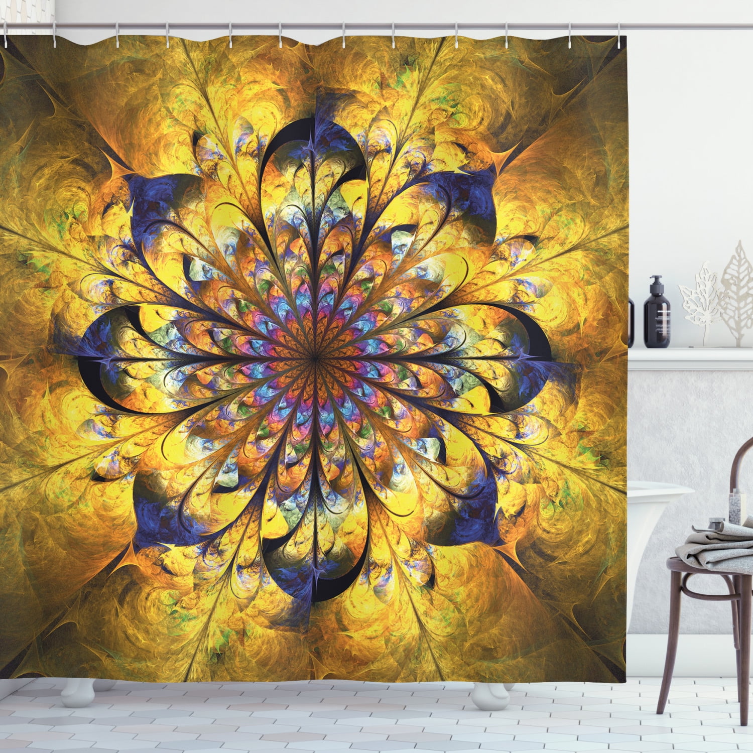 Yellow and Blue Shower Curtain, Mandala with Artsy Floral Ornamental