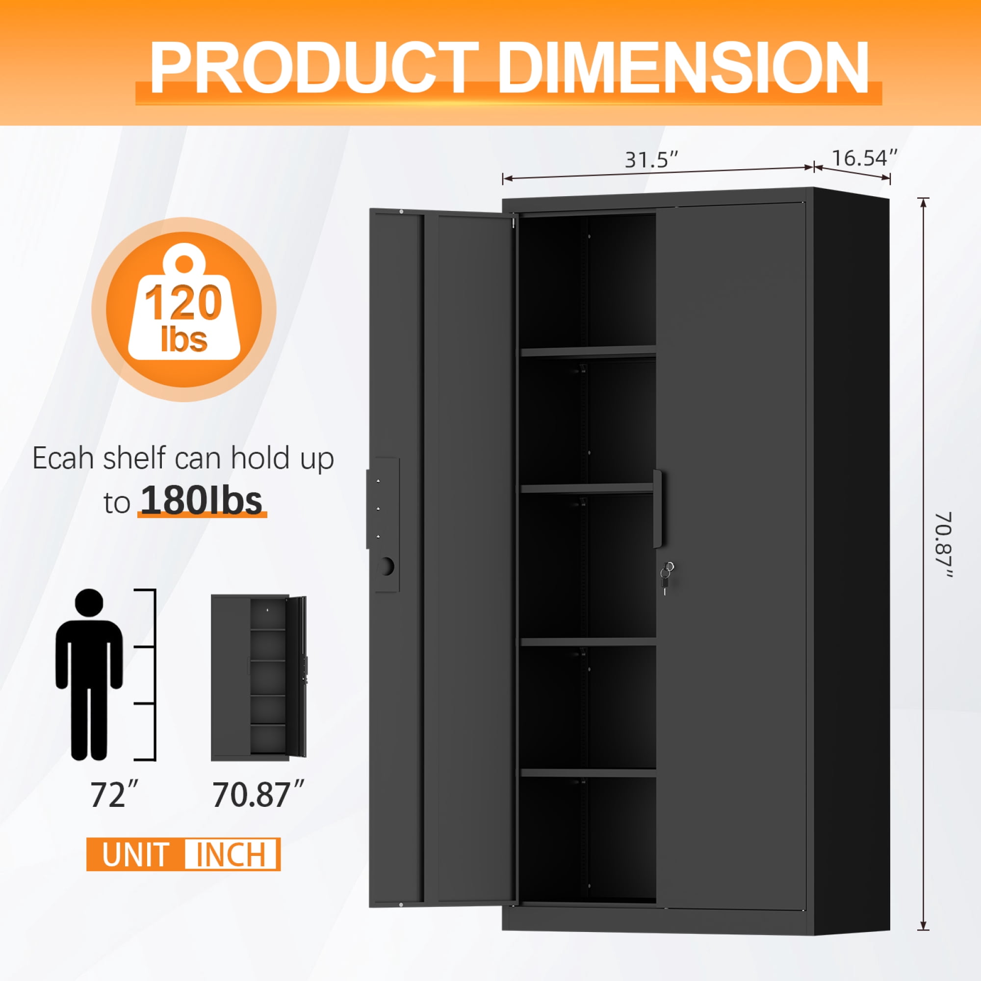 72"H Metal Storage Cabinet with Adjustable Shelves & 2 Doors, Heavy-Duty File Cabinet Garage Storage Cabinet with Lock for Garage,Classroom,Office,Black